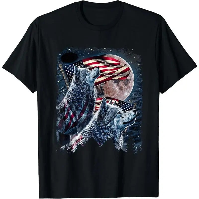 Wolf 4th of July American Flag Howling Wolves Under Moon T-Shirt Hoodie, Sweatshirt | HypeCrazeTee.com
