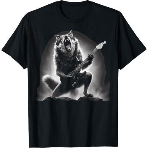 Wolf Playing Guitar Print T-shirt Cotton Casual Summer Tee, Trendy Tops Crew Neck Tee, Comfort Street Style Tee,...