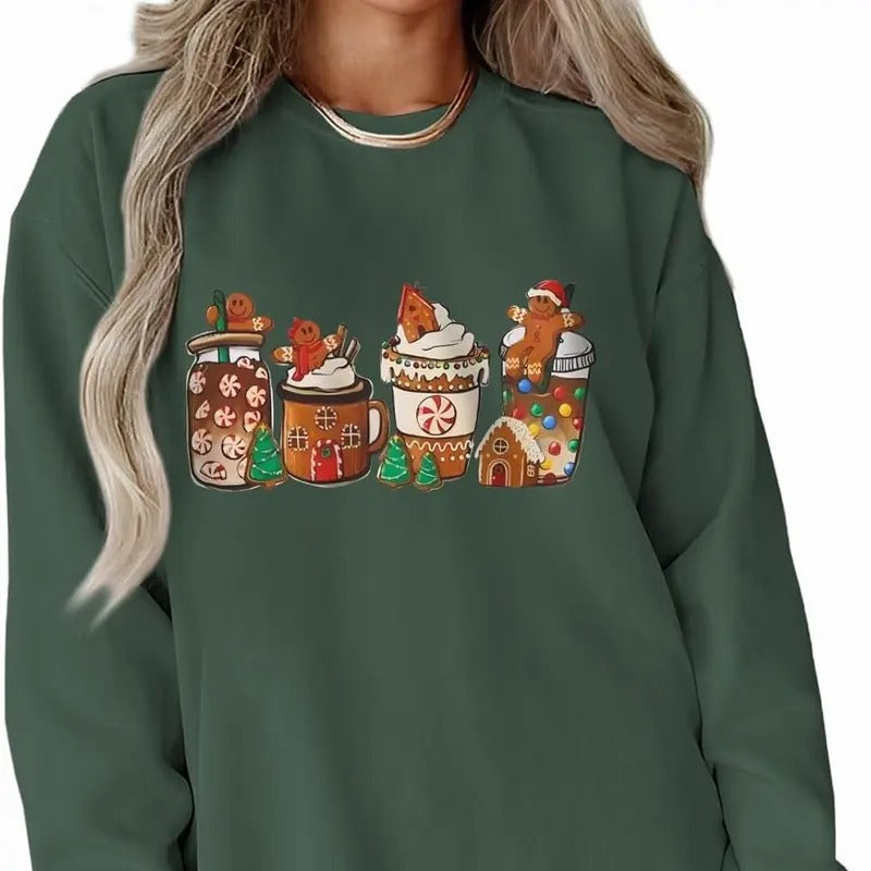 Gingerbread Shirt Long Sleeve Xmas Tree Coffee Tops Cotton Fabric T-Shirts, Hoodie, Sweatshirt
