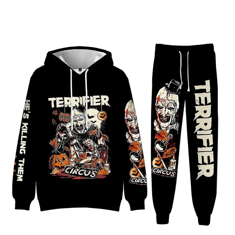 Terrifier Hoodies Set Halloween Horror Movie Merch For Men/Women Cosplay Scary Sweatshirt Pants Two Piece Set T-Shirts