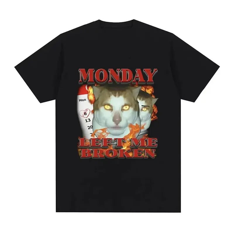Women Funny Monday Left Me Broken Cat Meme Vintage Graphic Tee Cotton Casual Short Sleeve T-shirt Fashion Oversized...