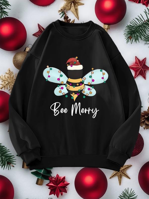 Women'S Casual Christmas Bee Print Sweatshirt, 100% Polyester Crew Neck Knit Pullover, with Festive Holiday Design, for...