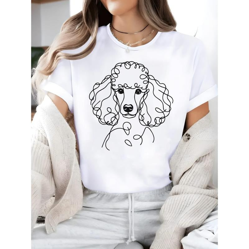 Women'S Casual Minimalist Dog Line Art Print T-Shirt- Soft, Loose Fit, Round Neck, All-Season Sportswear, White with...