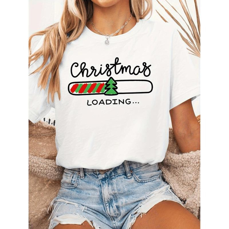 Women'S Funny Christmas "Loading..." Graphic T-Shirt - Tee with Red & Green Stripes, Lightweight Everyday Casual Top for...