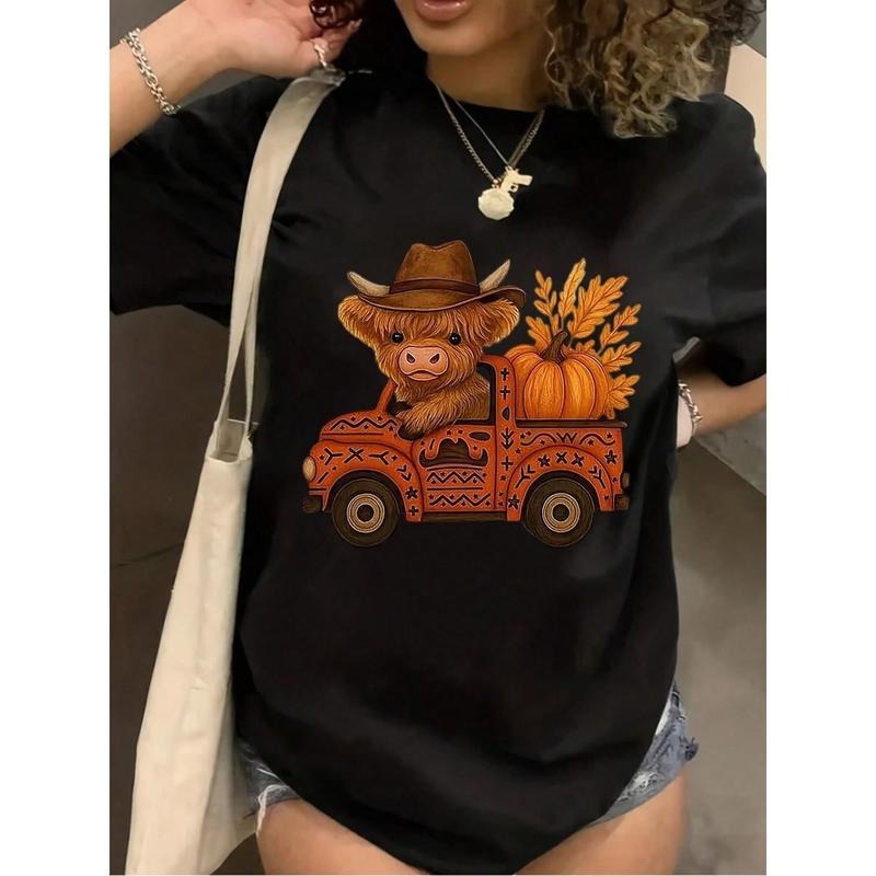 Women'S Halloween T-Shirt - Cute Highland Cow & Ghosts Graphic Tee With Pumpkin Lettering - Soft Breathable Shirt For...