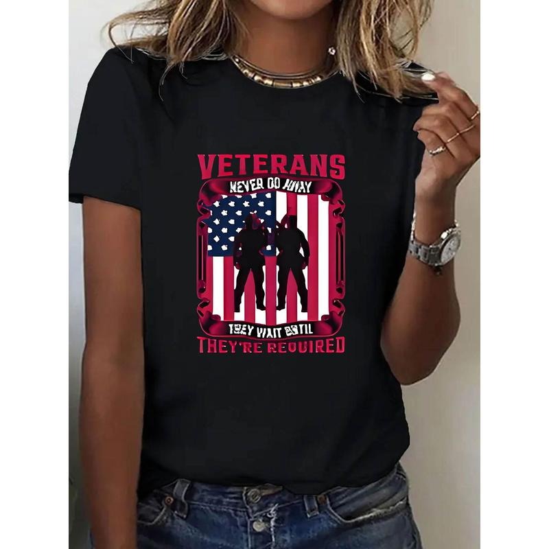 Women'S Short Sleeve T-Shirt | Polyester Fabric | Black Color | Veterans Graphic Print with American Flag and...