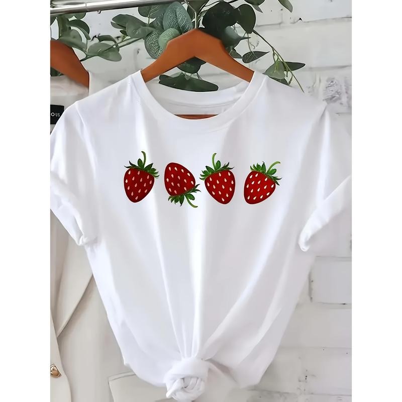 Women'S Strawberry Pattern T-shirt, Casual Round Neck Short Sleeve Top, Spring and Summer, Soft, Printed, T-shirt Hoodie,...