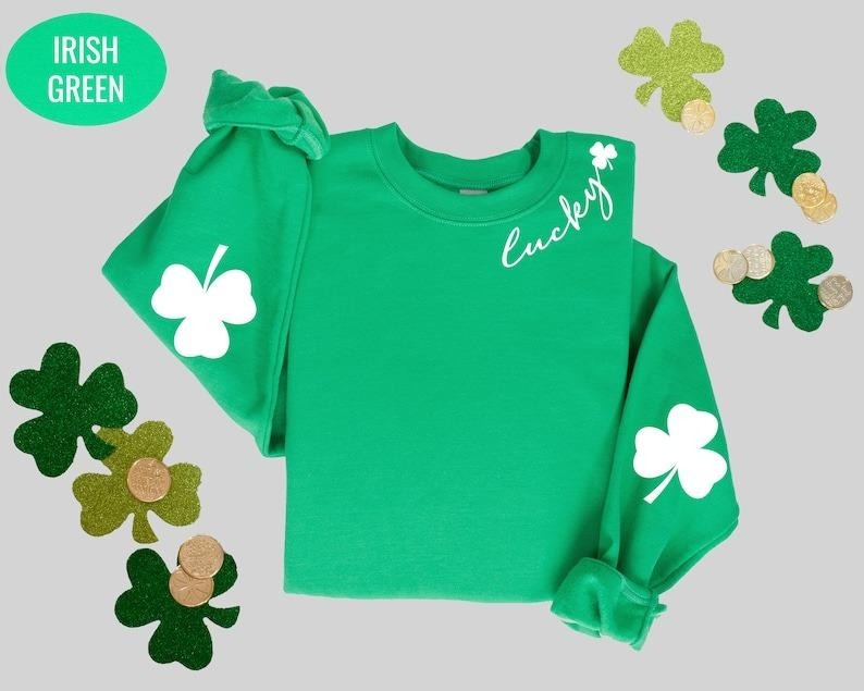 Women St. Patrick's Day Crewneck Sweatshirt Shamrock Lucky T-Shirts, Hoodie | HypeCrazeTee.com