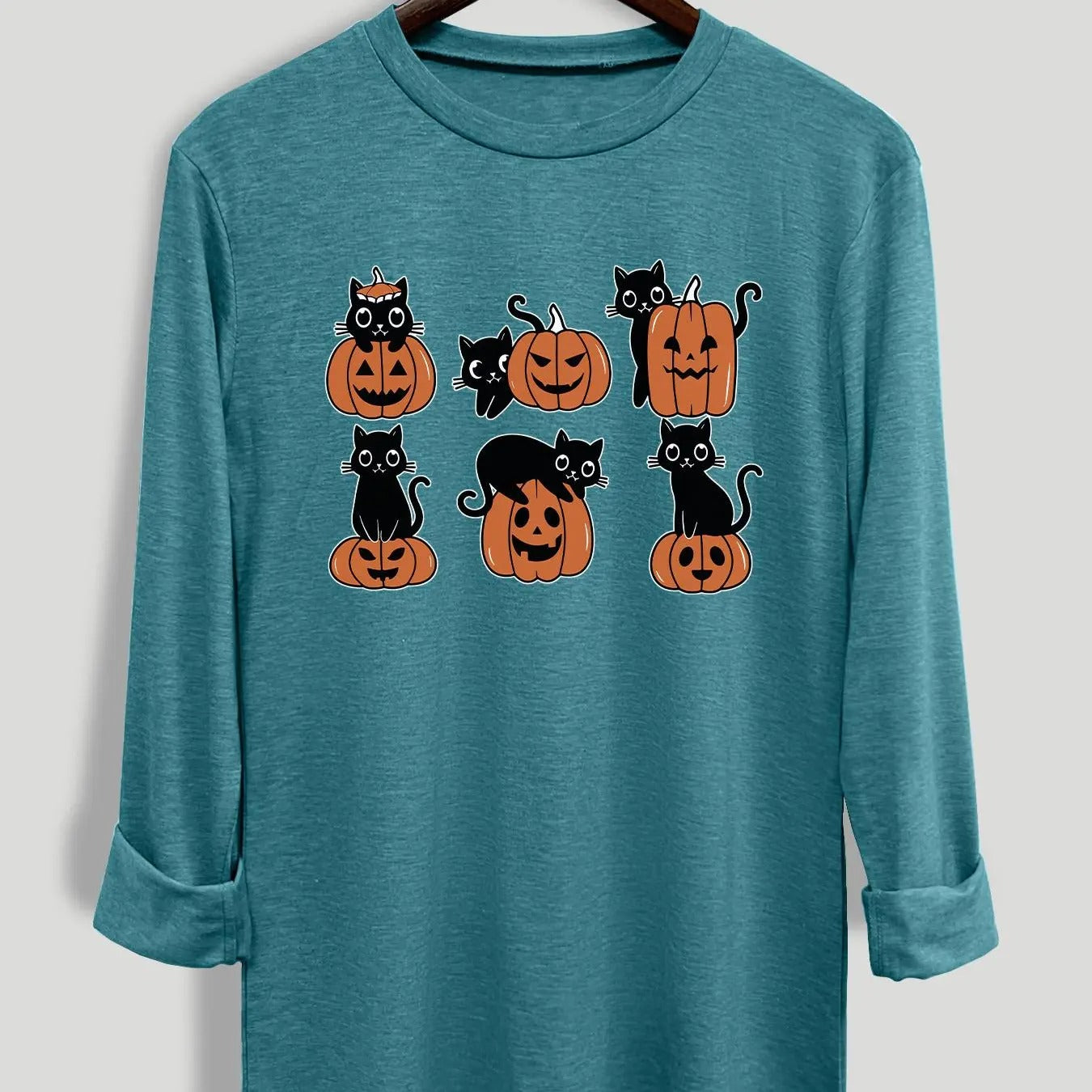 Cat & Pumpkin Print Round Neck Casual Long Sleeve Crew Neck Fall & Winter Clothes Daily T-Shirts, Hoodie, Sweatshirt