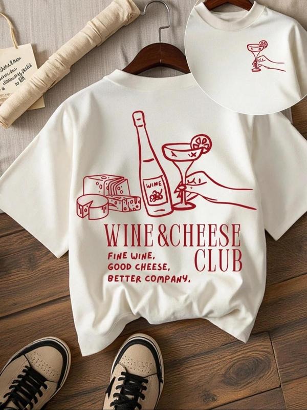 Women's & Cheese Print Round Neck Tee, Casual Letter Print Short Sleeve T-shirt for Daily Wear, Ladies Clothes for All...