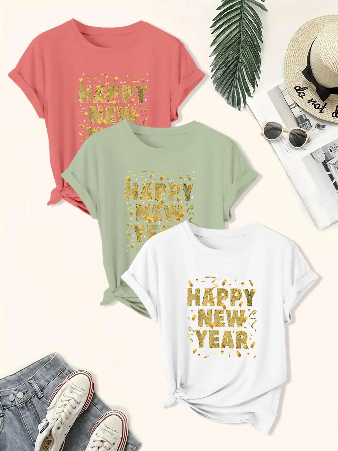 Women's " Happy New Year" Letter Print Round Neck Tee, Casual Short Sleeve Crew Neck T-shirt for Summer, Fashion Women's...
