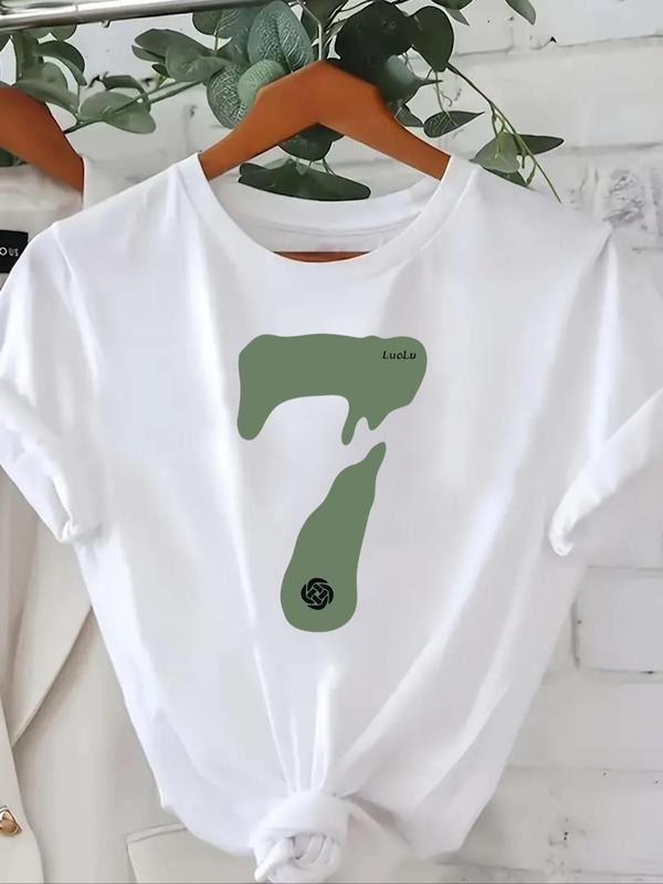 Women's "7" Figure Print Round Neck Tee, Casual Short Sleeve T-shirt for Daily Wear, Ladies Summer Outfits 2024 Hoodie,...