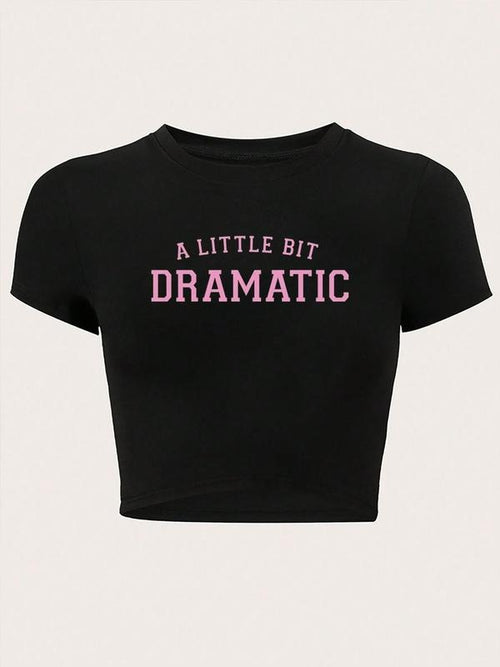 Women's "A LITTLE BIT DRAMATIC" Letter Print Short Sleeve Crop Tee, Fashion Casual Crew Neck T-shirt for Daily Outdoor...