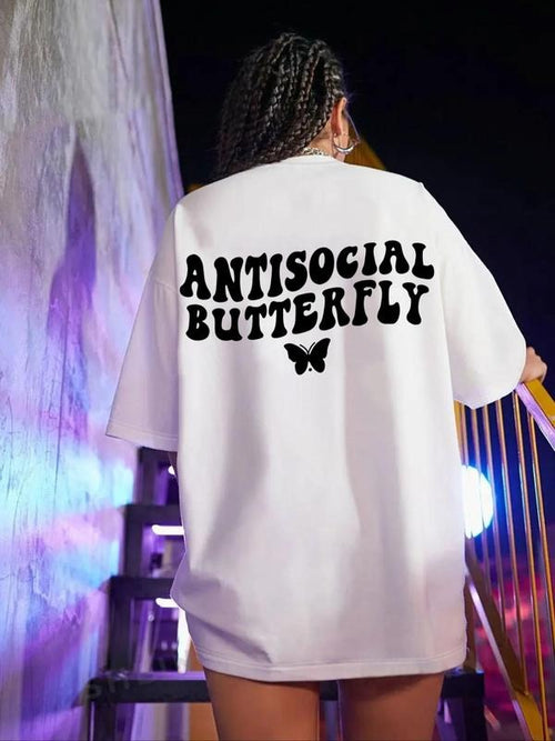 Women's "ANTISOCIAL BUTTERFLY" Butterfly & Letter Print Round Neck Graphic Tee, Vintage Trendy Casual Drop Shoulder Half...