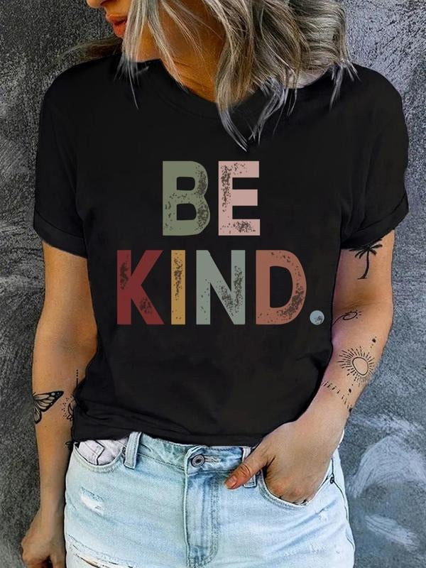 Women's "BE KIND" Letter Print Round Neck Tee, Casual Short Sleeve Graphic T-shirt, Ladies All Seasons Outfit for Daily...