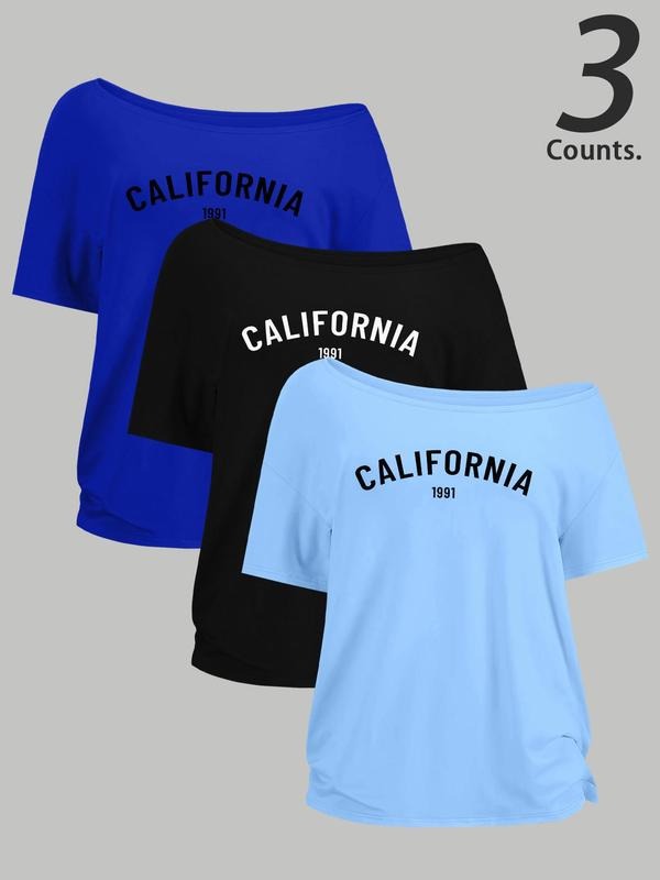 "CALIFORNIA" Letter Print One Shoulder Casual Short Sleeve Daily Summer Top T-Shirts, Hoodie, Sweatshirt