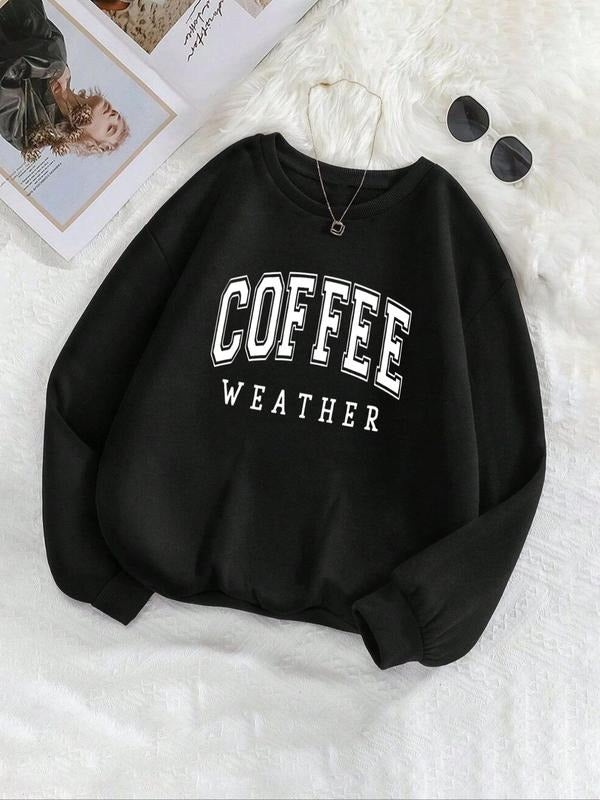Women's "COFFEE WEATHER" Letter Print Crew Neck Sweatshirt, Casual Long Sleeve Pullover for Fall & Winter, Women's...