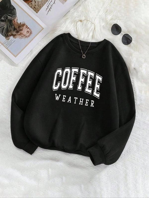 Women's "COFFEE WEATHER" Letter Print Crew Neck Sweatshirt, Casual Long Sleeve Pullover for Fall & Winter, Women's...