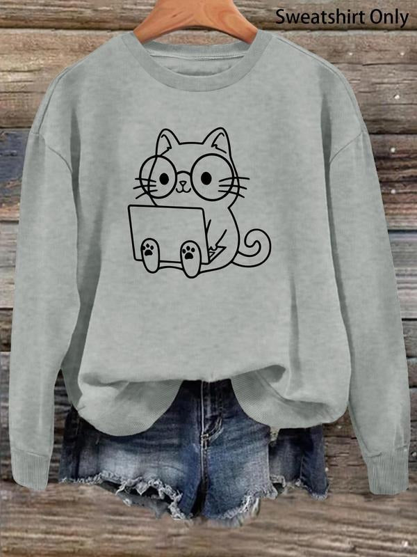 Women's  Cartoon Cat Print Drop Shoulder Sweatshirt, Casual Long Sleeve Round Neck Pullover for Fall & Winter, Women's...