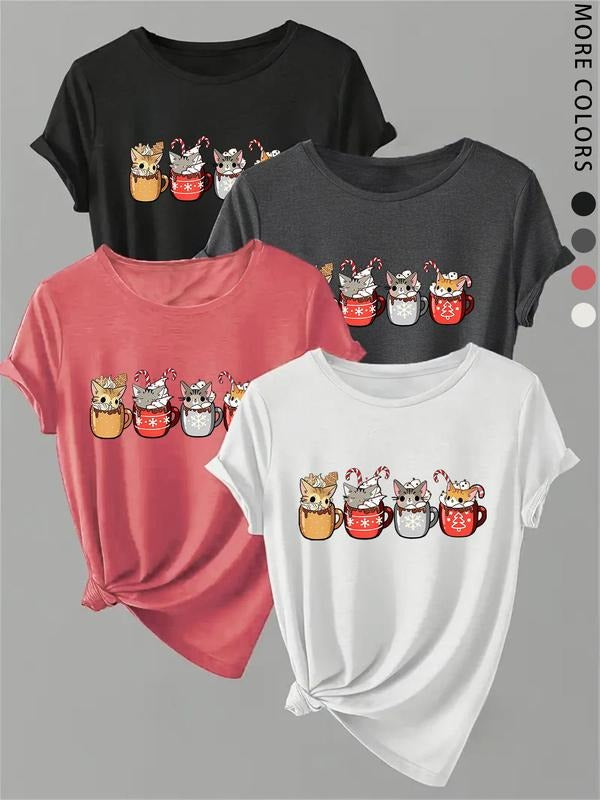 Women's  Cartoon Cat Print Round Neck Tee, Casual Short Sleeve Crew Neck T-shirt for Fall & Winter, Women's Top for Daily...