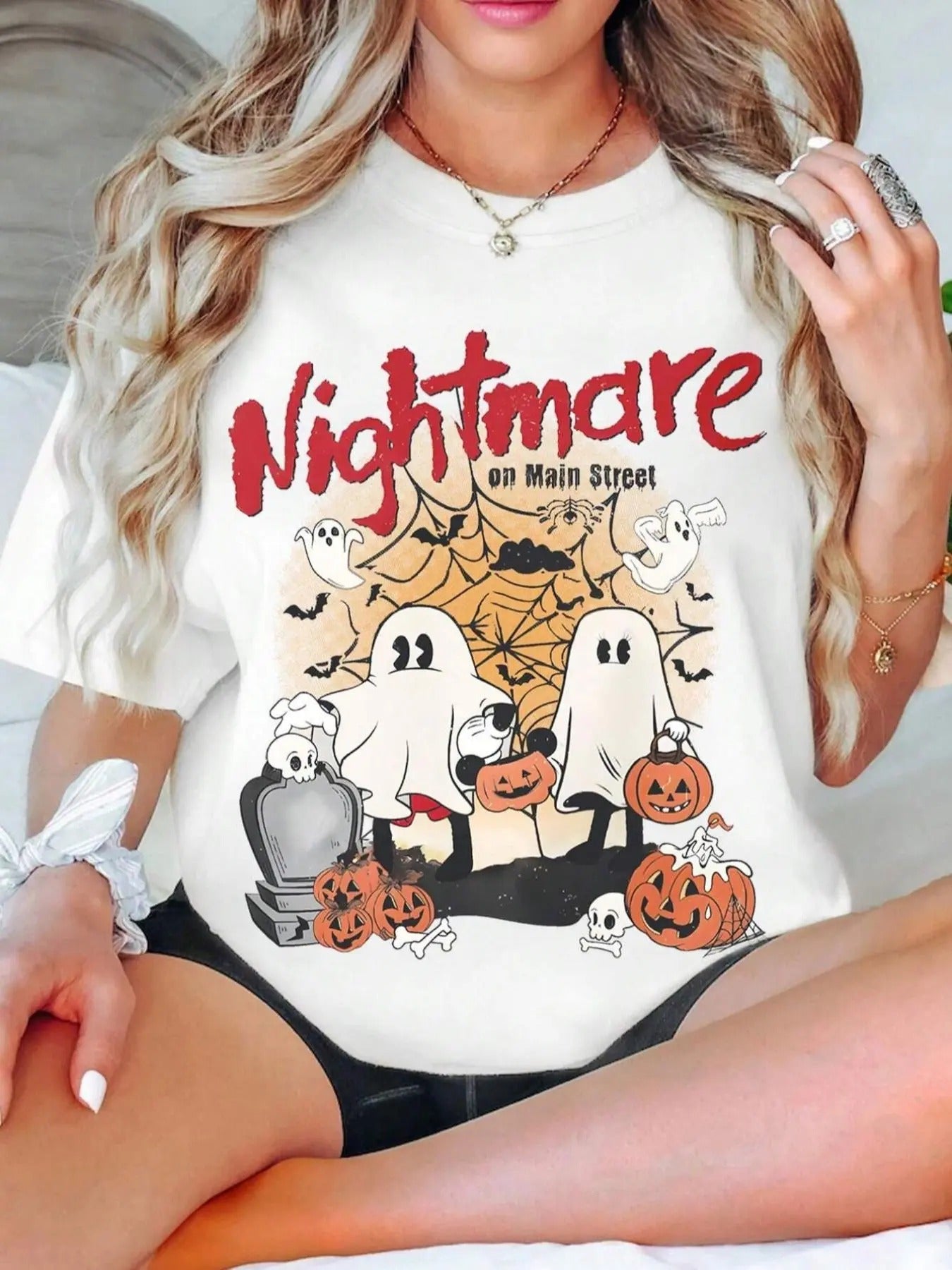 Women's  Cartoon Ghost & Letter Print Round Neck Tee, Fashion Casual Short Sleeve T-shirt for Daily Holiday Vacation...
