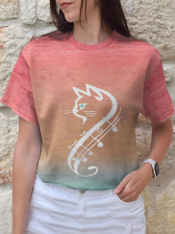 Women's  Cat Print Round Neck Tee, Casual Short Sleeve Crew Neck T-shirt for Summer, Fashion Women's Top for Daily Wear...