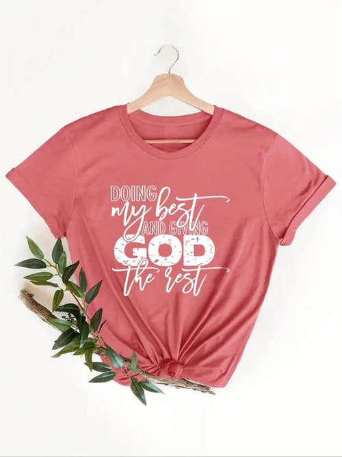Women's "DOING MY BEST" Letter Print Round Neck Tee, Casual Short Sleeve Crew Neck T-shirt for Daily Wear, Ladies Summer...