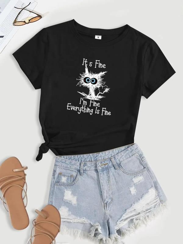 Women's "Everything is Fine" Letter Print Round Neck T Shirt, Summer Clothes Women, Fashion Short Sleeve Crewneck Graphic...