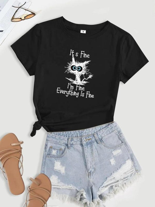 Women's "Everything is Fine" Letter Print Round Neck T Shirt, Summer Clothes Women, Fashion Short Sleeve Crewneck Graphic...
