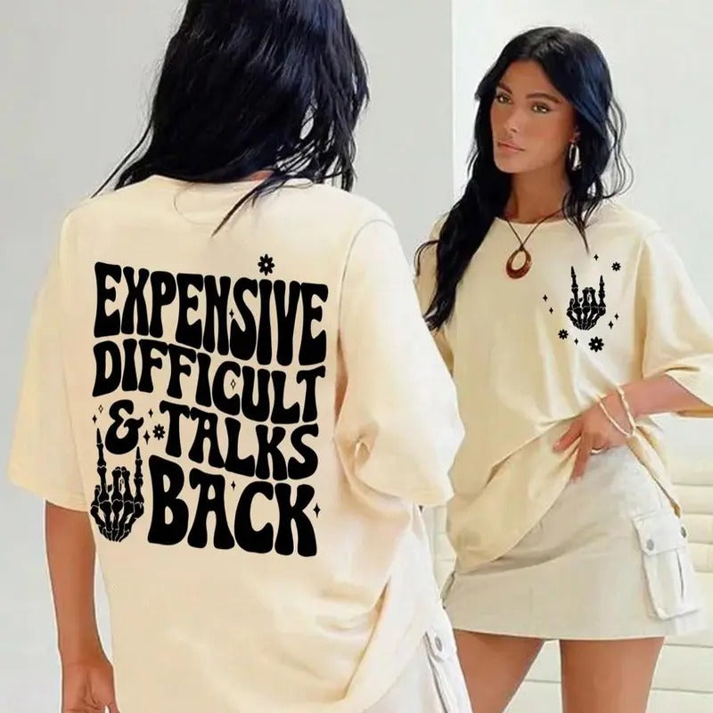 Women's  Expensive Difficult and Talks Back  Slogan Print Skeleton Hand Graphic Round Neck Tee, Casual Half Sleeve Crew...