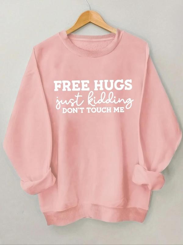 Women's "FREE HUGS" Letter Print Round Neck Sweatshirt, Casual Long Sleeve Crew Neck Pullover for Spring & Fall, Fashion...