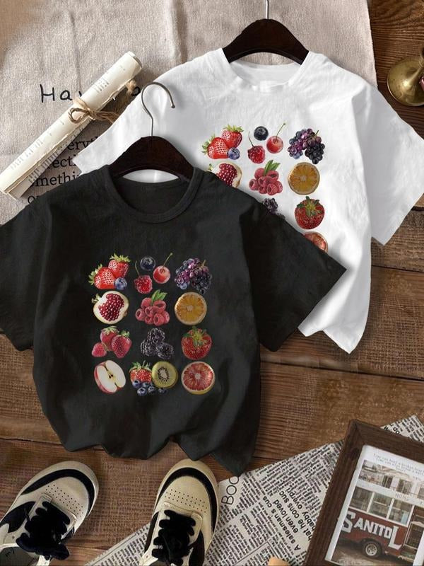 Women's  Fruit Print Round Neck Graphic Tee, Vintage Trendy Casual Short Sleeve T-shirt for Daily Wear, Ladies Summer...