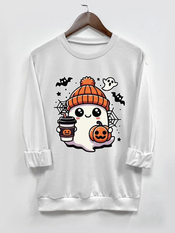 Ghost & Pumpkin Print Round Neck Casual Long Sleeve Daily Vacation Outdoor Tops Fall & Winter T-Shirts, Hoodie, Sweatshirt