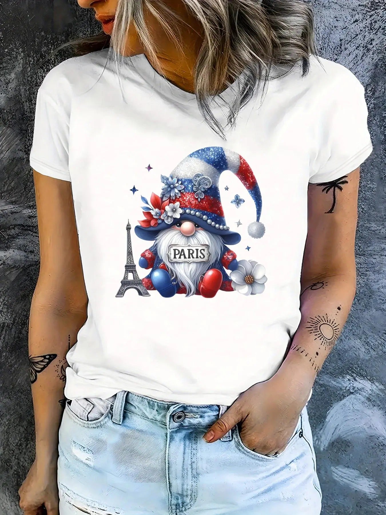 Women's  Gnome Print Round Neck Graphic Tee, Cute Short Sleeve T-shirt for Daily Wear, Ladies Clothes for All Seasons...