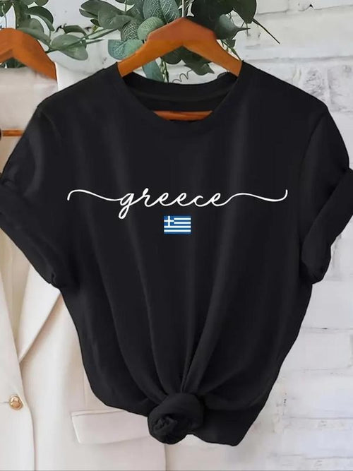 Women's "Greece" Letter & Flag Print Round Neck Tee, Trendy Casual Short Sleeve T-Shirt for Daily Wear, Ladies Summer...