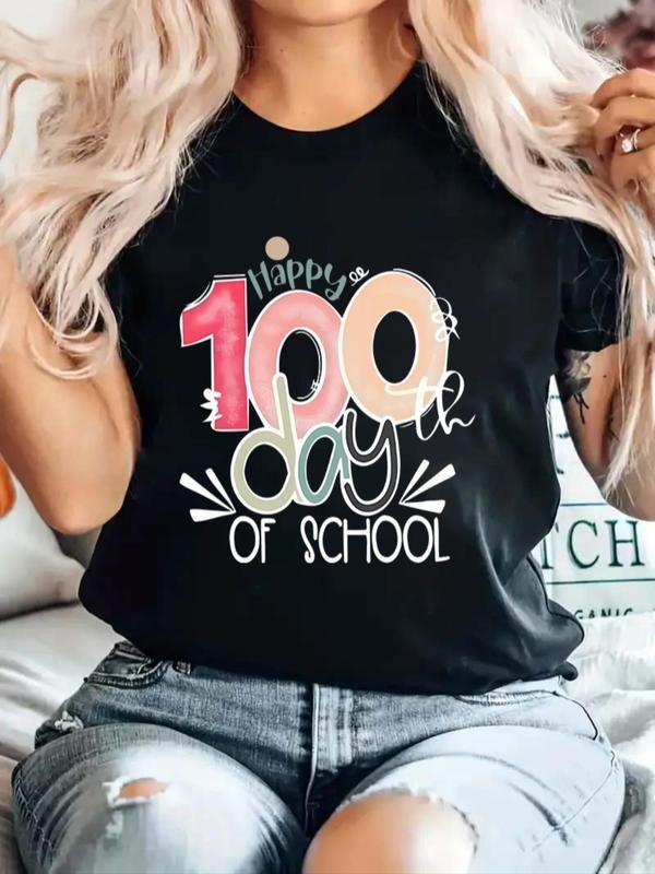 Women's "Happy 100th Day Of School" Graphic Tee, Casual Short Sleeve Round Neck T-shirt, Ladies Clothes for Summer...