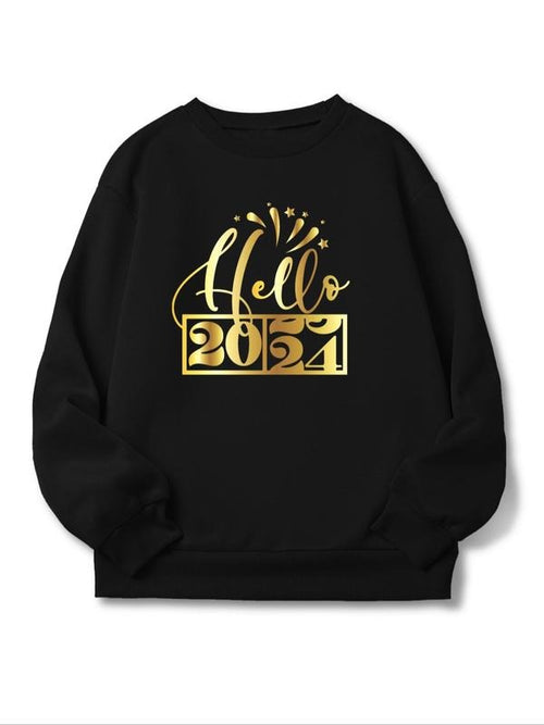 Women's "Hello 2024" Figure & Letter Print Drop Shoulder Sweatshirt, Casual Long-sleeve Crew Neck Printed Pullover for...