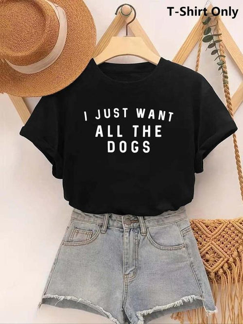 Women's "I JUST WANT ALL THE DOGS" Letter Print Round Neck Graphic Tee, Vintage Trendy Casual Short Sleeve T-shirt For...