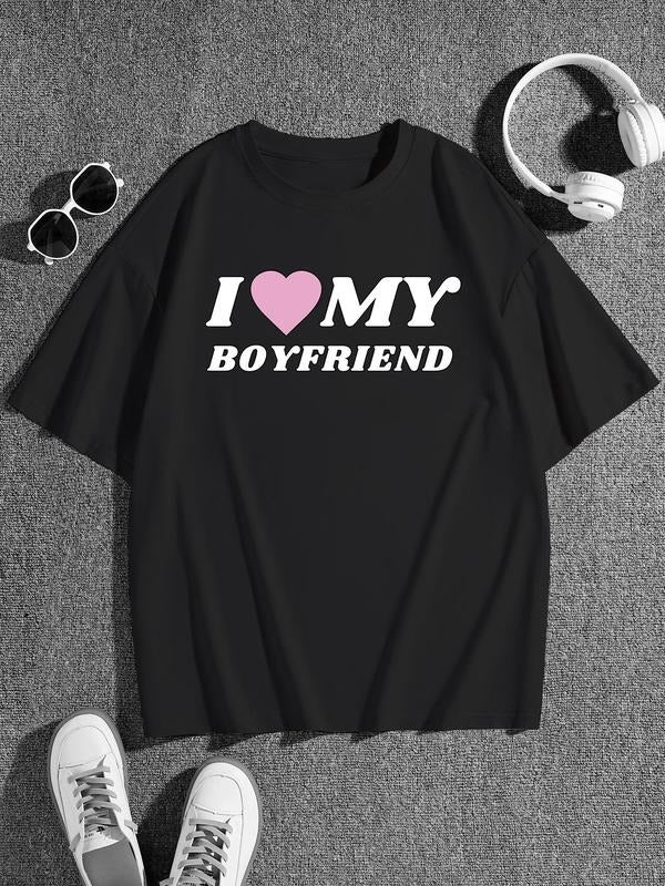 Women's "I Love My Boyfriend" Print Drop Shoulder Tee, Summer Clothes Women Casual Short Sleeve Round Neck T-shirt for...