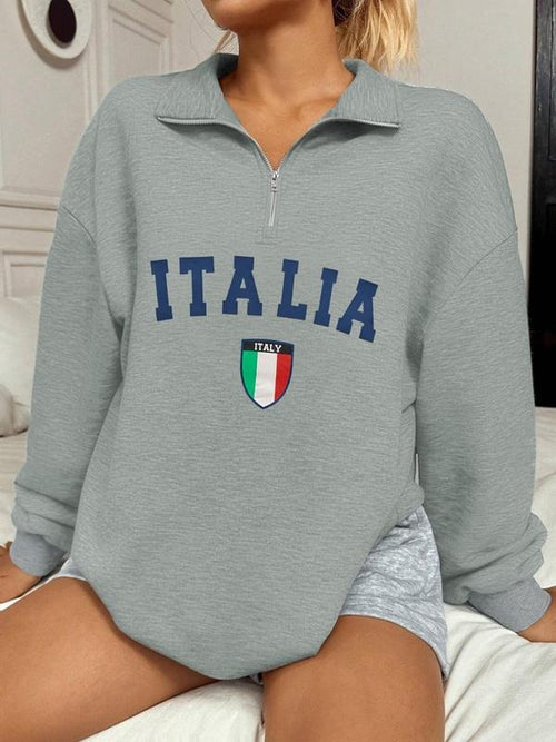 Women's "ITALIA" Graphic Print Drop Shoulder Quarter Zip Sweatshirt, Casual Long Sleeve Stand Collar Pullover for Daily...
