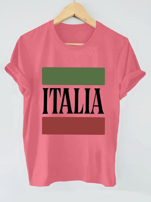 Women's "ITALIA" Letter Print Round Neck Tee, Vintage Trendy Casual Short Sleeve T-shirt for Daily Wear, Ladies Summer...