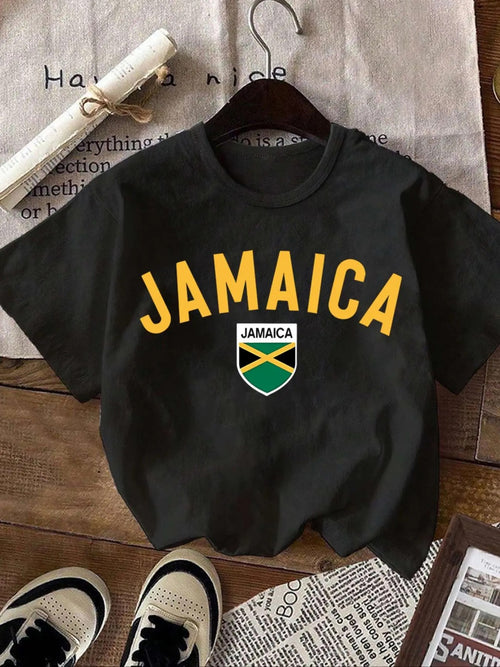 Women's "JAMAICA" Letter Graphic Round Neck Tee, Vintage Trendy Casual Short Sleeve T-shirt For Daily Wear, Ladies Summer...