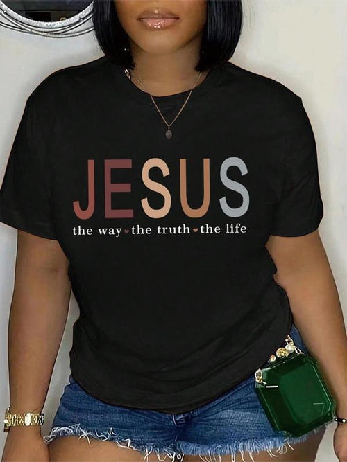 Women's "JESUS" Letter Print Round Neck Graphic Tee, Vintage Trendy Casual Short Sleeve T-shirt for Daily Wear, Ladies...