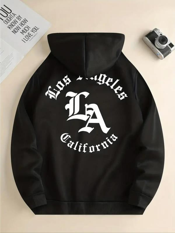 Women's "LA" Letter Print Drop Shoulder Drawstring Hoodie, Fashion Casual Kangaroo Pocket Hooded Sweatshirt for Daily...