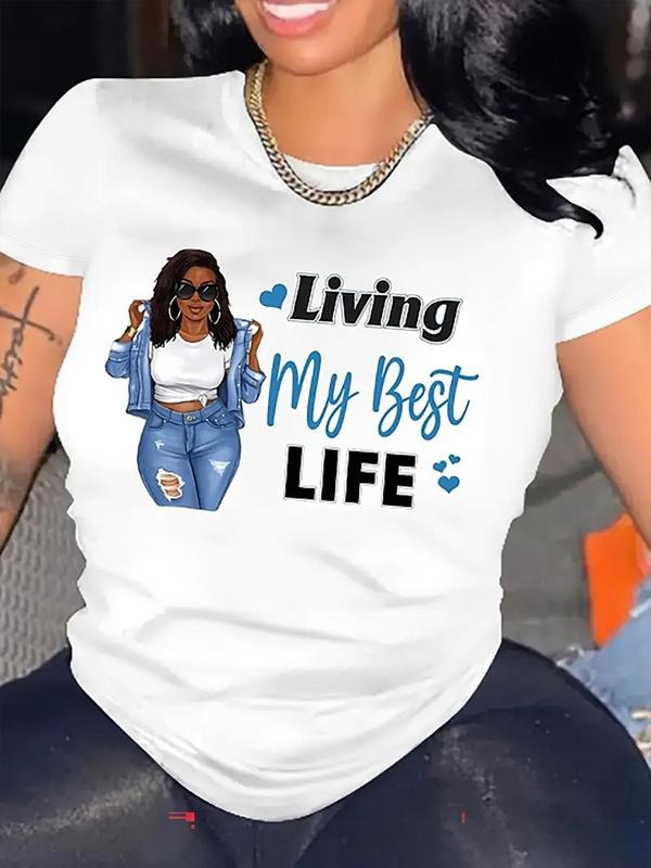 Women's "LIVING MY BEST LIFE" Cartoon Figure & Letter Print Round Neck Short Sleeve Tee, Fashion Casual Crew Neck T-shirt...