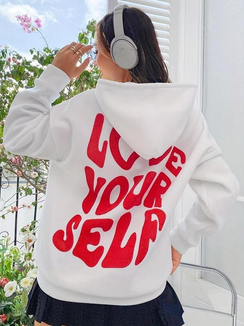 Women's "LOVE YOURSELF" Print Drop Shoulder Hoodie, Letter Print Drawstring Pocket Hooded Sweatshirt for Daily Outdoor...