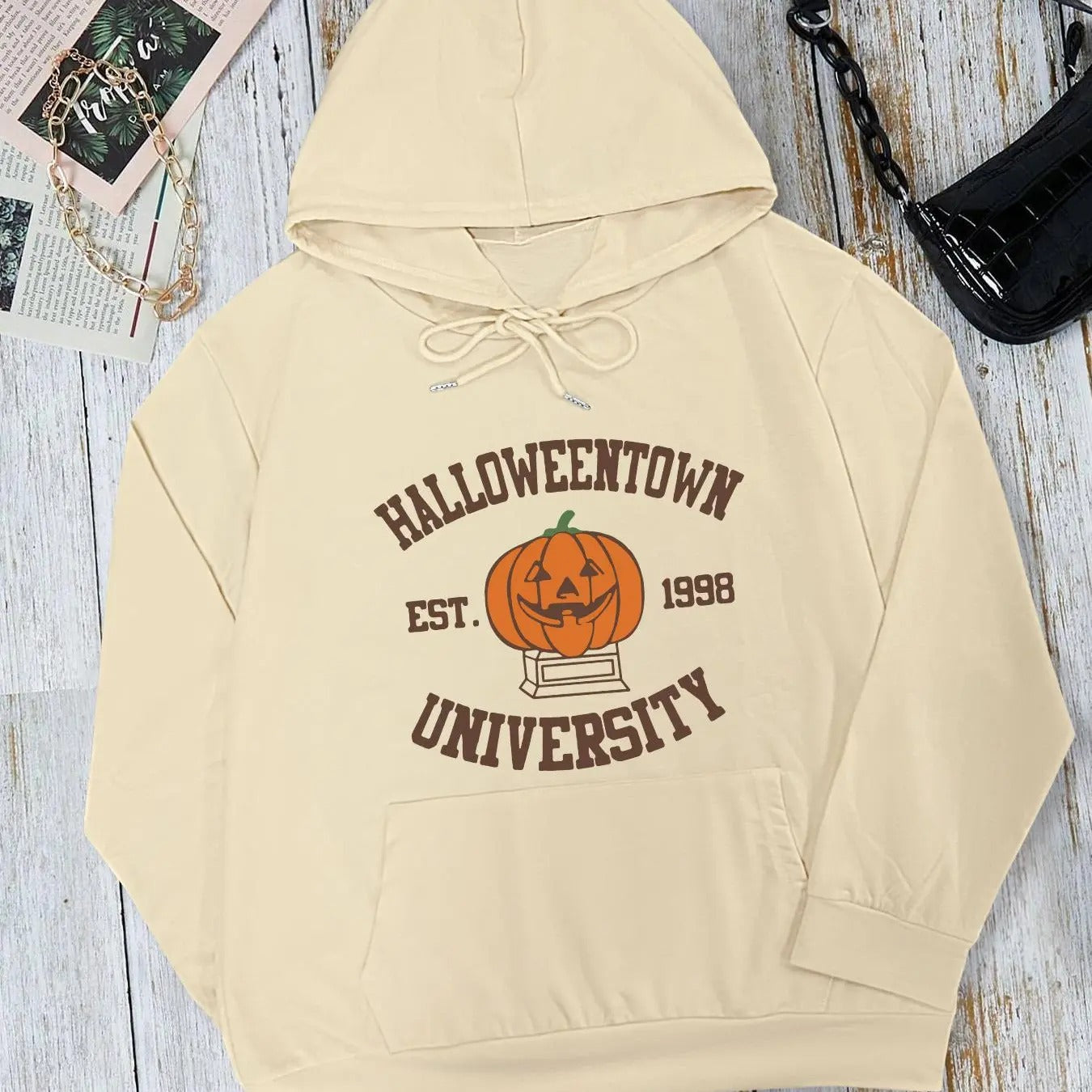 Letter & Pumpkin Print Drop Shoulder Halloween Casual Drawstring Pocket Hooded Daily Outdoor Fall & Winter T-Shirts, Hoodie, Sweatshirt