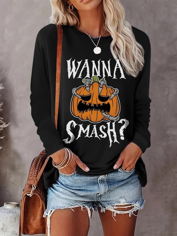 Letter & Pumpkin Print Drop Shoulder Casual Long Sleeve Round Neck Daily Spring & Fall Clothes T-Shirts, Hoodie, Sweatshirt
