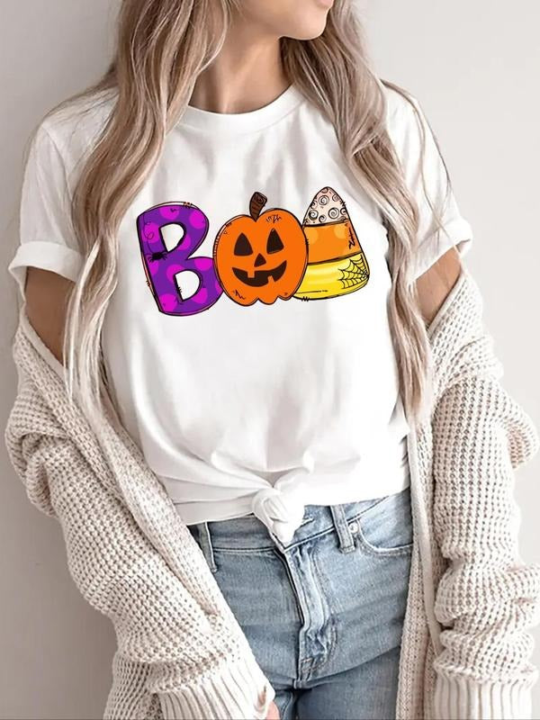 Women's  Letter & Pumpkin Print Round Neck Graphic Tee, Vintage Trendy Casual Long Sleeve T-shirt for Daily Wear, Ladies...