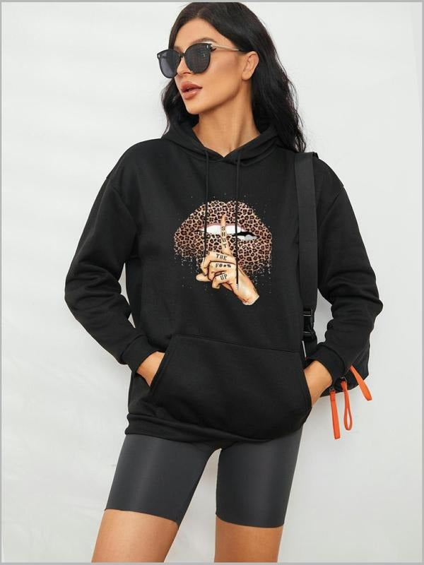 Women's  Lip & Hand  Print Drop Shoulder Hoodie, Fashion Casual Drawstring Pocket Hooded Sweatshirt for Daily Holiday...